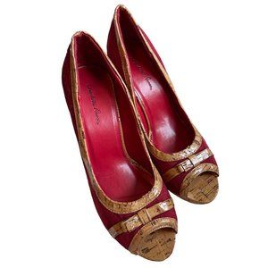 031 Charlotte Russo heels red suede cork bow peep toe 8 SB10